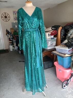 Teal Sequin V Neck  Gown with Waist Tie